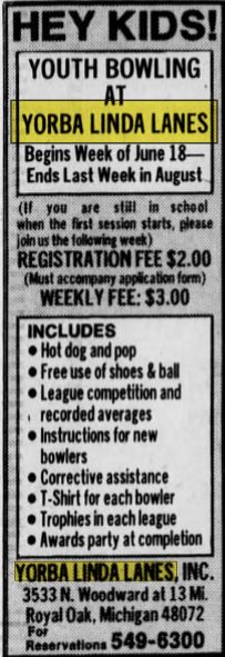 Yorba Linda Lanes - June 1984 Ad